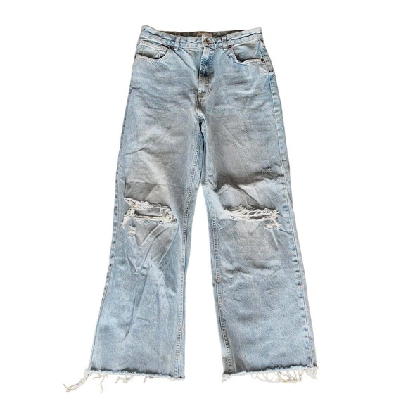 Zara Denim - ZARA Wide Leg Destroyed Jeans Light Wash Raw Hem High Waist